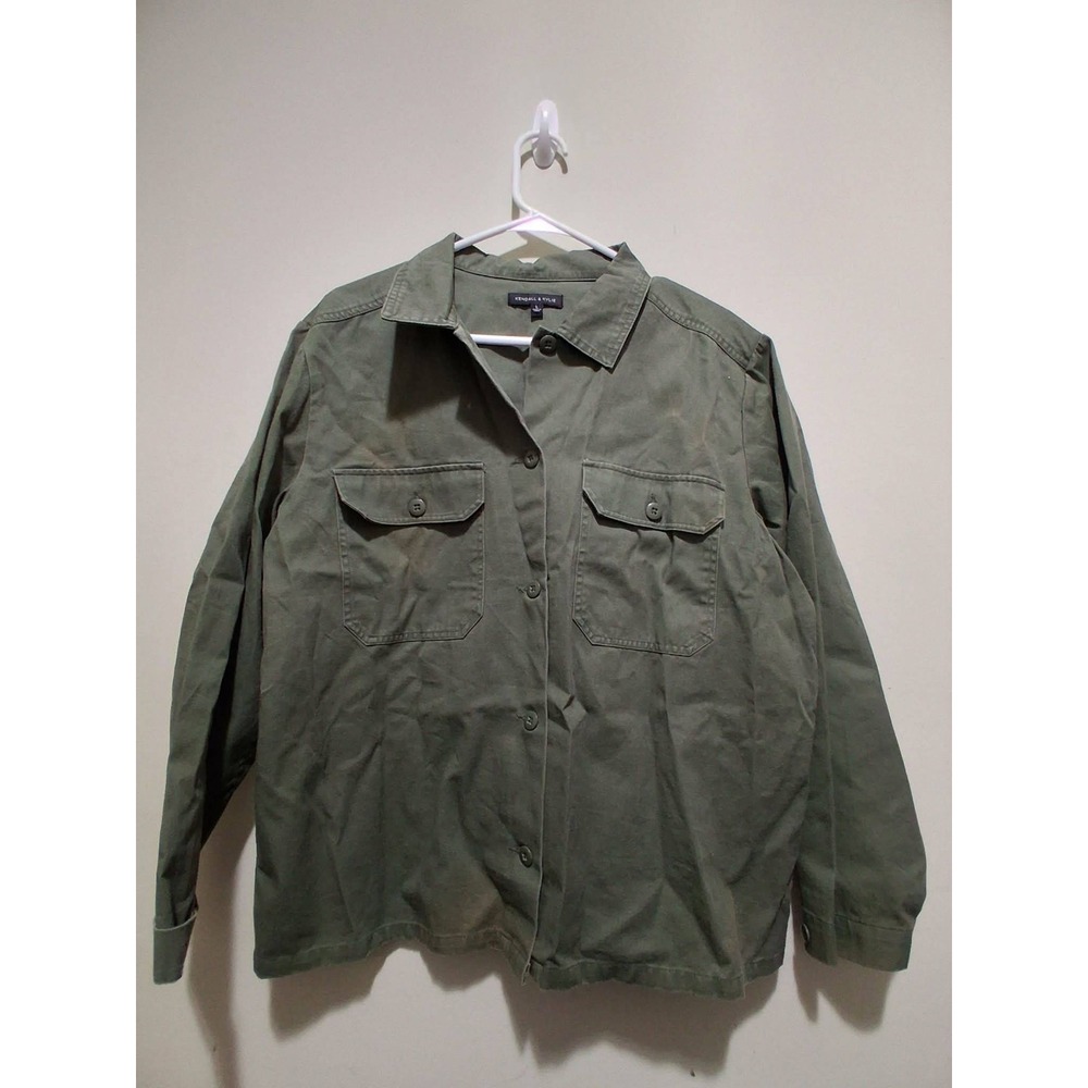 Kendall Kylie Utility Shirt Jacket Green Cotton Size L Button Front Long Sleeve